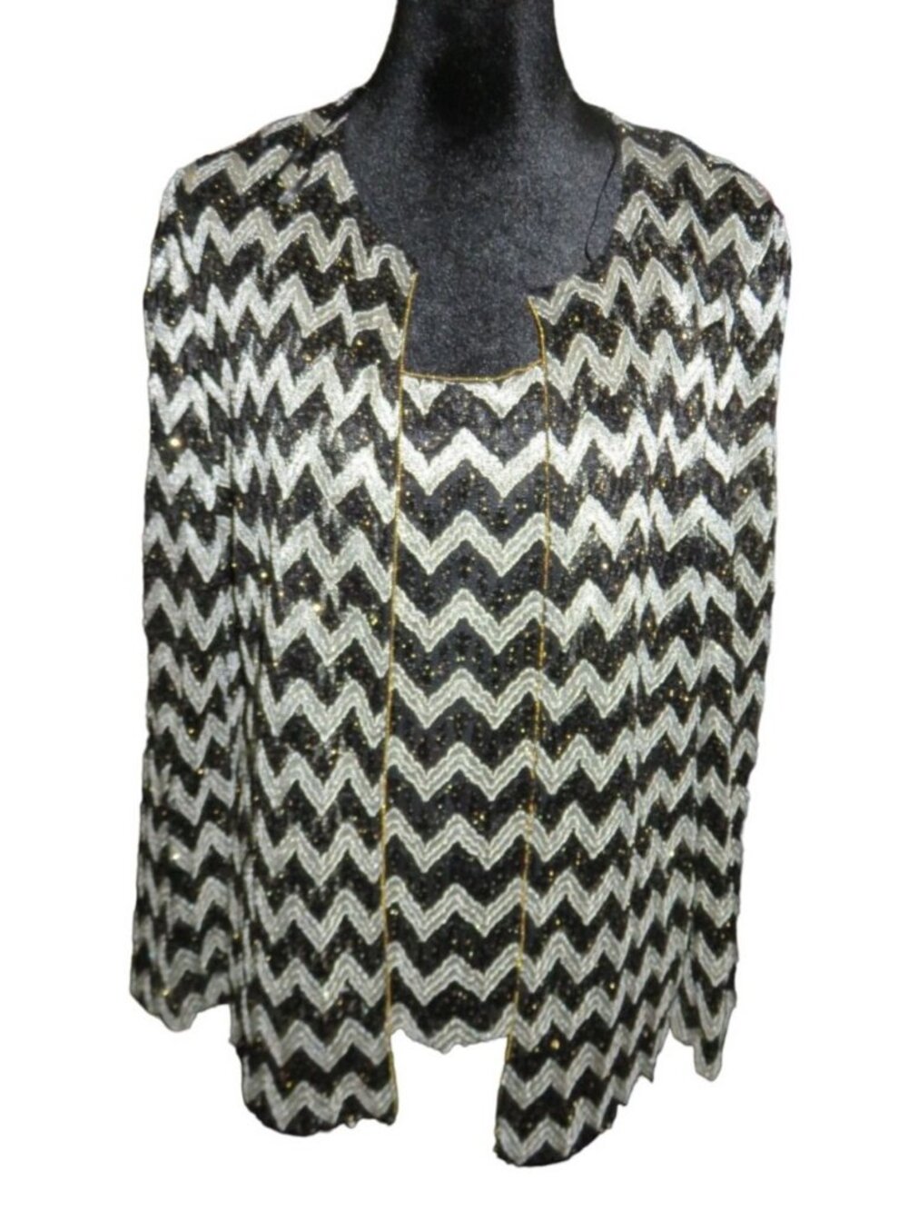 Alex Evenings 2 piece Embellished Sequined Black & White Chevron Shell & Jacket